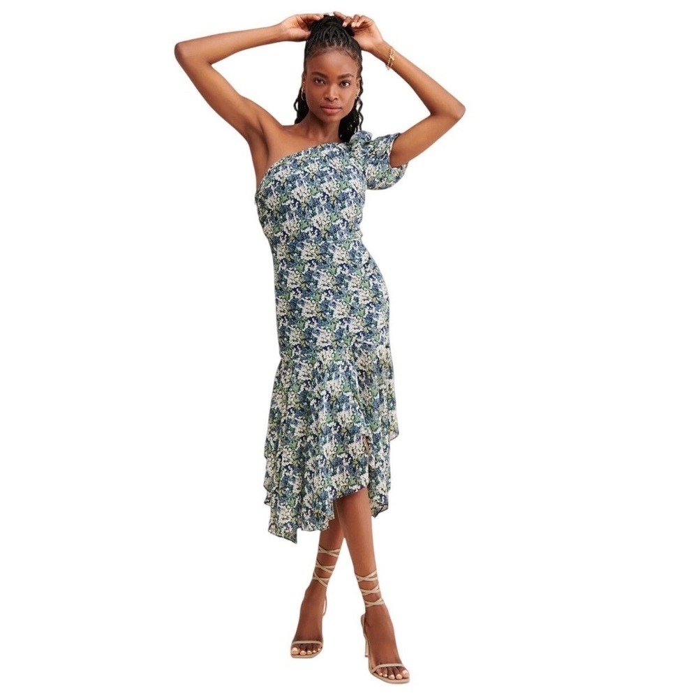 ASTR The Label Floral One Shoulder Ruffle Midi Dress S Romantic Garden Party